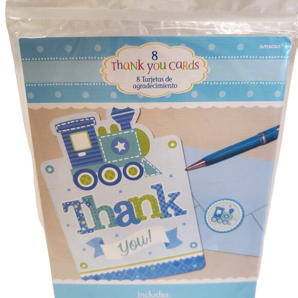 Baby Boy Thank You Cards Postcards Train Cards with Envelopes 8 Pack NEW - Picture 3 of 5